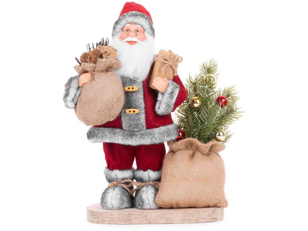 Vianočný santa s taškou a stromčekom so 6 LED s farbou biela teplá s výškou 30cm a váhou 0,64kg s materiálu plast, tkanina, drevo, kov